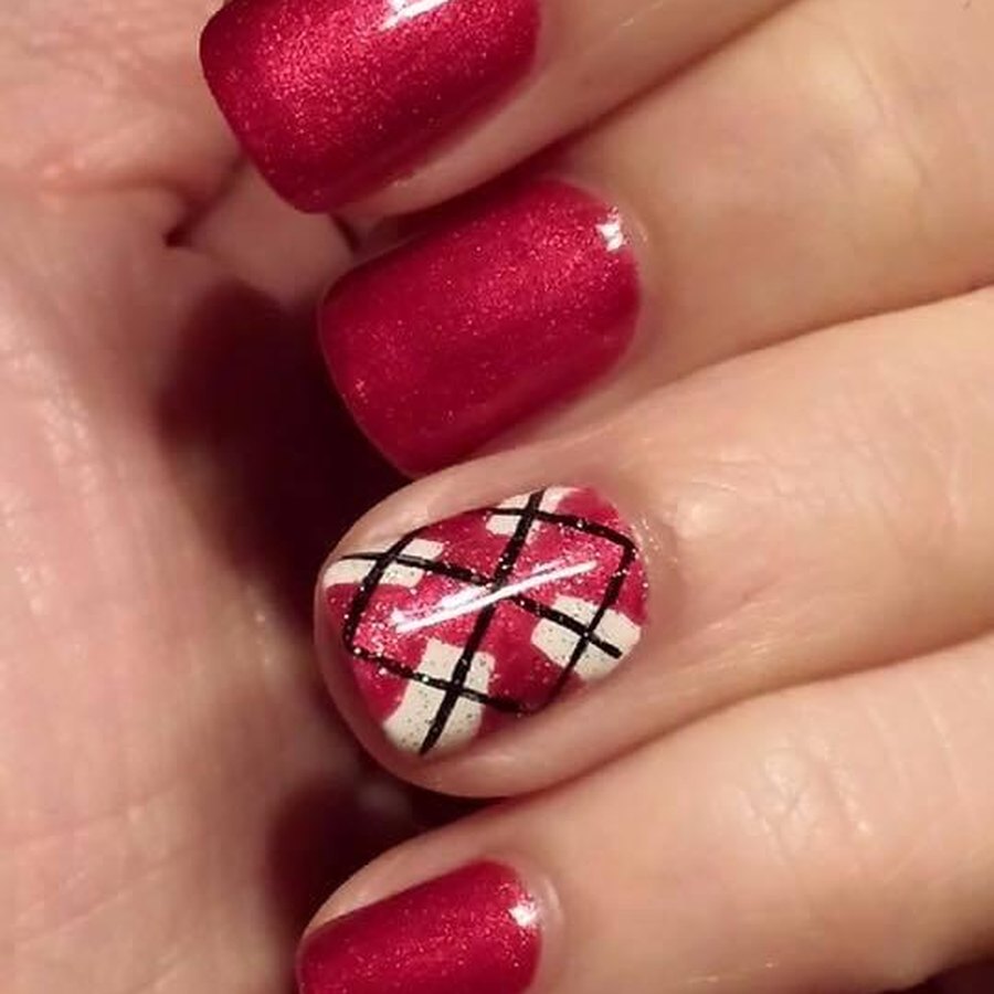 Berry red acrylic nails with plaid accent nail, fall nails in Oklahoma City