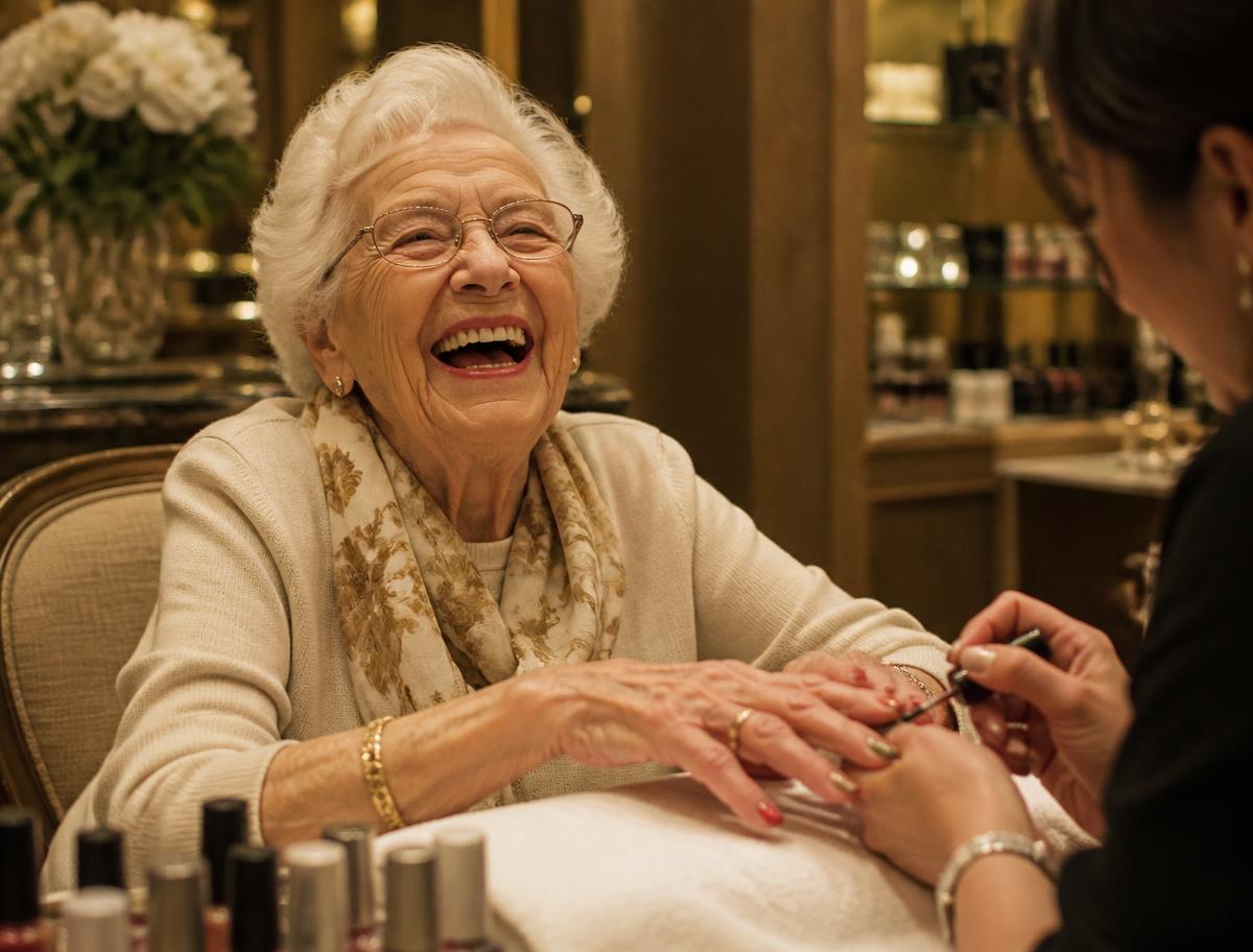 Elderly client laughing during her manicure at Designers Plus in Oklahoma City