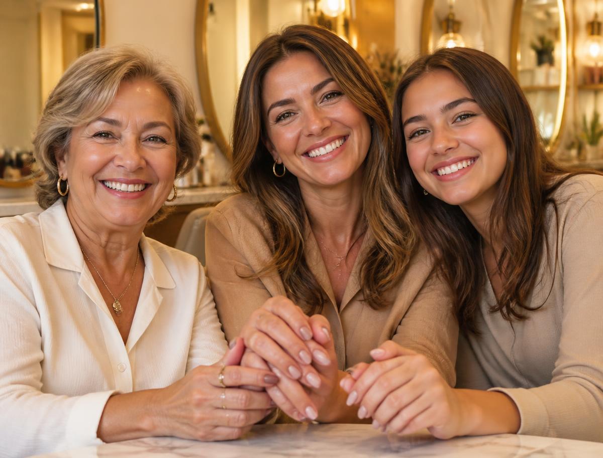 Three generations of clients smiling together at the salon