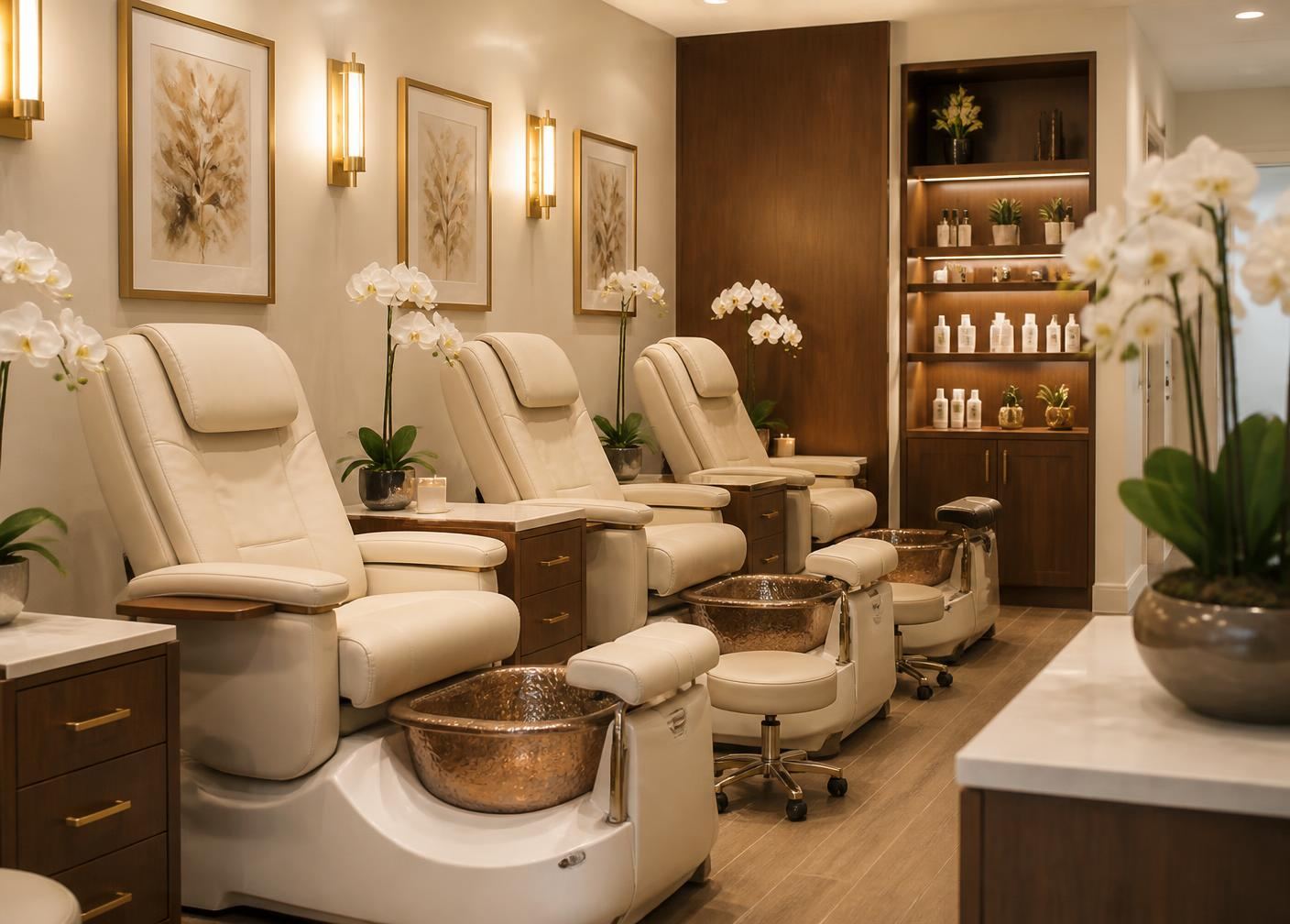 Interior of Designers Plus nail salon in Oklahoma City with pedicure chairs