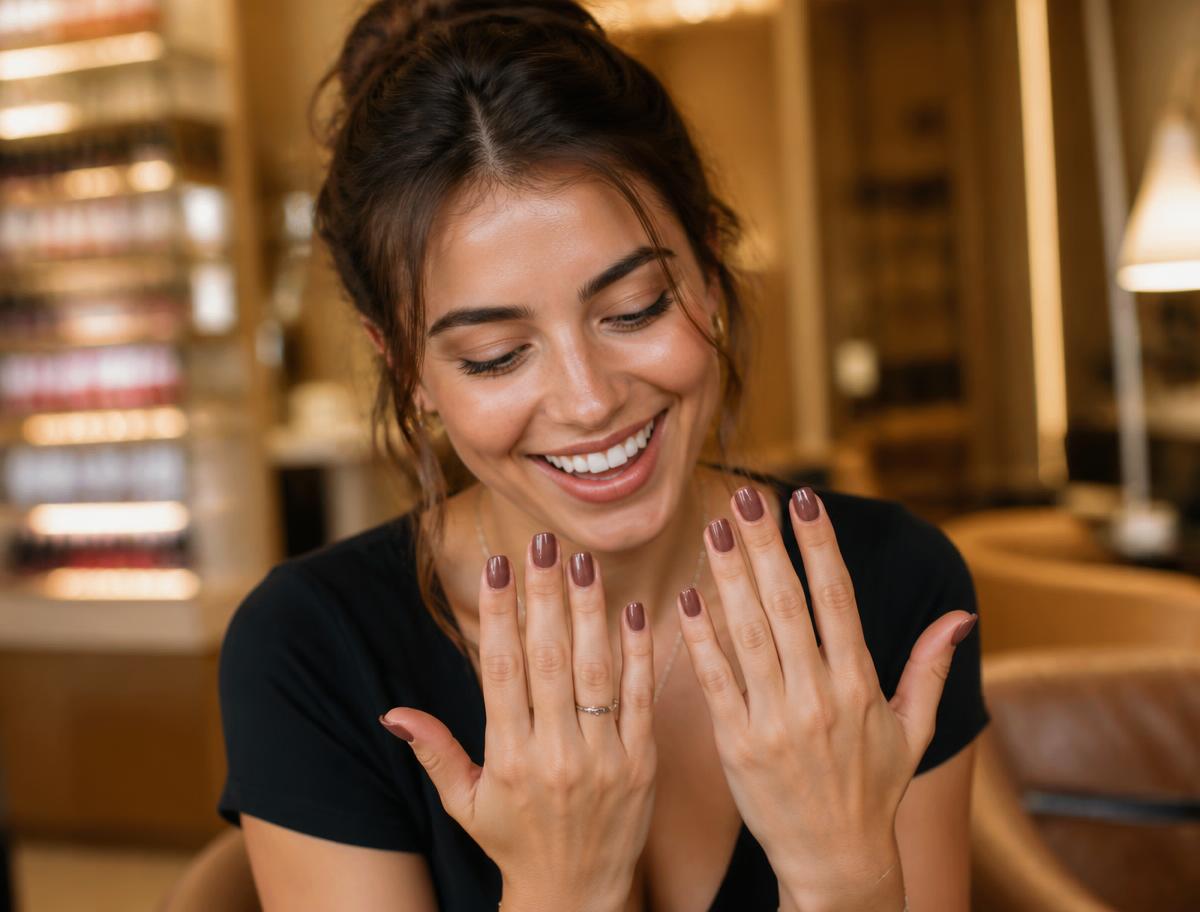 Young woman delighted with her fresh gel manicure
